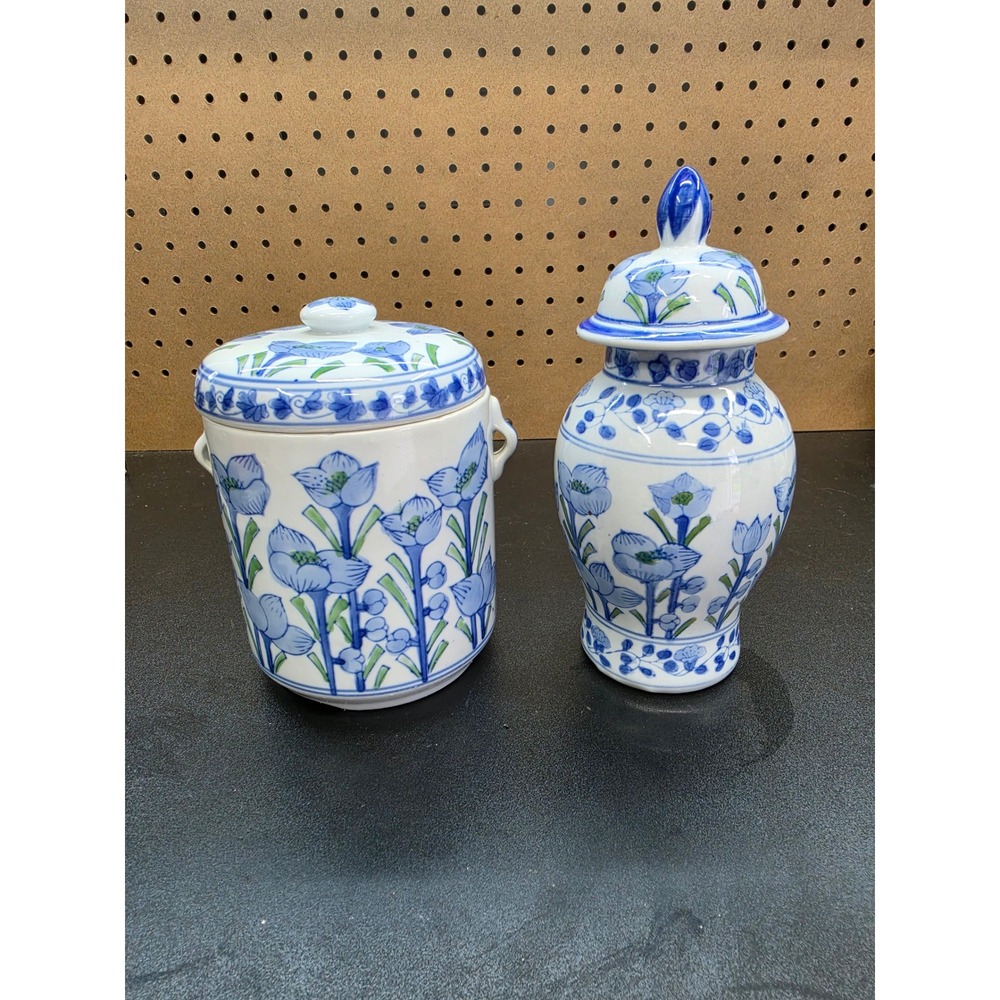 Vintage Blue and White Floral Ceramic Ginger Jar and Canister 2 Piece Set